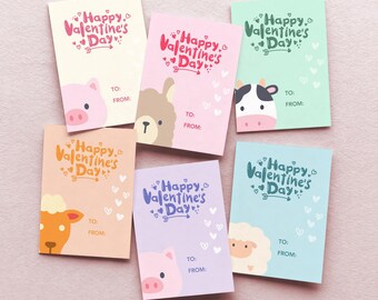Tarjetas de San Valentín de animales de granja para niños: vaca, cerdo, llama, oveja, cabra, imprimibles