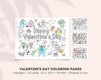 Valentine's Day Coloring Pages Bundle for classroom parties, wall decor, Army, Robot, Space Monsters and Pals, printed shipped