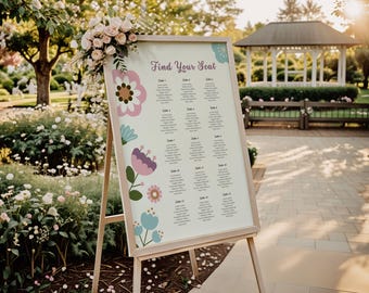 Floral Geometrische Hochzeit Sitzplan, Bearbeitbarer Canva Empfangsplan (Digitaler Download)