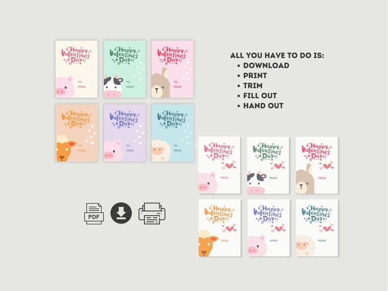 Farm Animal Printable PDF Kids School Valentine, Cow Pig Llama Goat