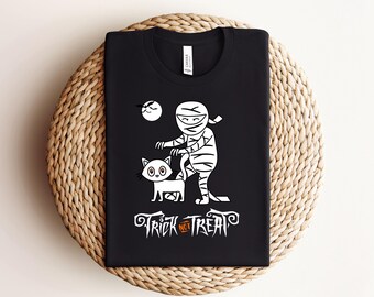 Camiseta divertida de Halloween de momia gata: camiseta de truco o trato