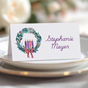 Etiquetas de alimentos para mesa de Advento personalizáveis, cartões de lugar de guirlanda editáveis, placas de mesa de bufê de Natal faça você mesmo, modelos de etiquetas de alimentos para impressão