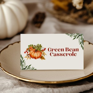 Modelos de etiquetas de alimentos para mesa de Ação de Graças editáveis, cartões personalizados, cartões de lugar para Ação de Graças, placas de mesa de bufê, etiquetas de Ação de Graças personalizáveis