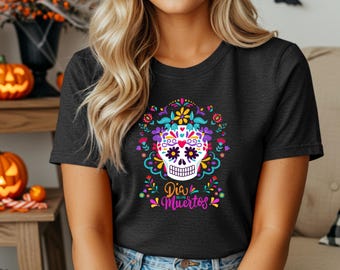 Day of the Dead Skull Shirt, Colorful Floral Dia De Los Muertos Tee