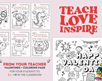 Teacher Valentine’s Cards Coloring Pages for Kids Printable Colorable Cards DIY Valentine's Day Gift for Students Cute Creative Bundle
