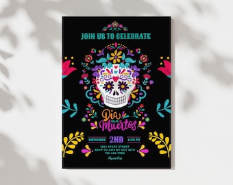 Invitación para fiesta del Día de Muertos, diseño de calavera de azúcar (editable en Canva, plantilla de 5x7 pulgadas)