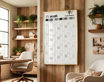 Calendario de pared 2026 en blanco y negro – Póster de calendario minimalista y moderno – Decoración monocromática para oficina – Arte mural anual de gran tamaño – 18x24, 24x36, 36x48