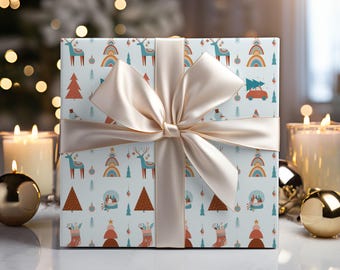 Papel de regalo navideño bohemio, bolas de nieve festivas, naranja, azul y verde azulado