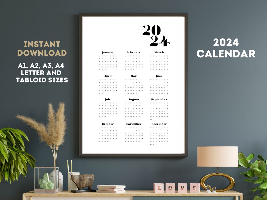 2024 Wall Calendar, 2024 Printable Calendar, Hi Res, Digital Download ...