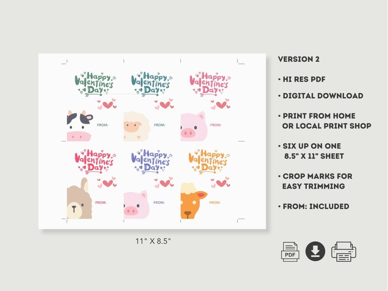 Farm Animal Printable PDF Kids School Valentine, Cow Pig Llama Goat