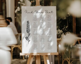 Elegante plantilla de plano de asientos con diseño floral en blanco y negro (descarga instantánea)