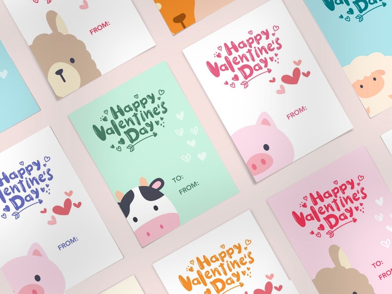 Farm Animal Printable PDF Kids School Valentine, Cow Pig Llama Goat
