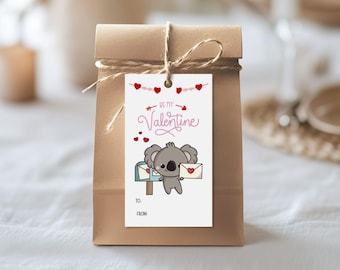 Printable Valentine Gift Tag Template Koala Editable Treat Bag Label, Personalized Gift Tags, Cute Bear Heart Chocolate Instant Download