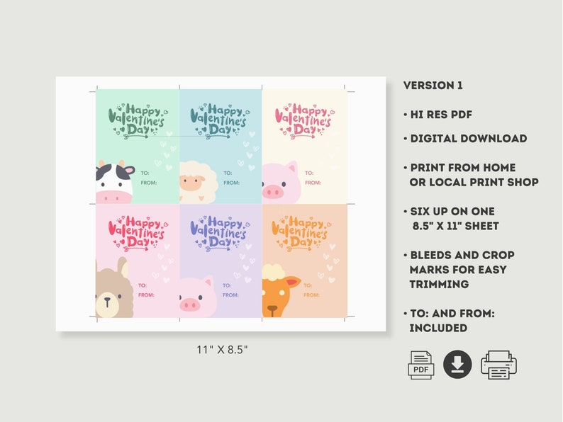 Farm Animal Printable PDF Kids School Valentine, Cow Pig Llama Goat