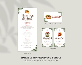 Thanksgiving Menu Card Template Bundle: Editable Place Cards & Gift Tags (Digital Download)
