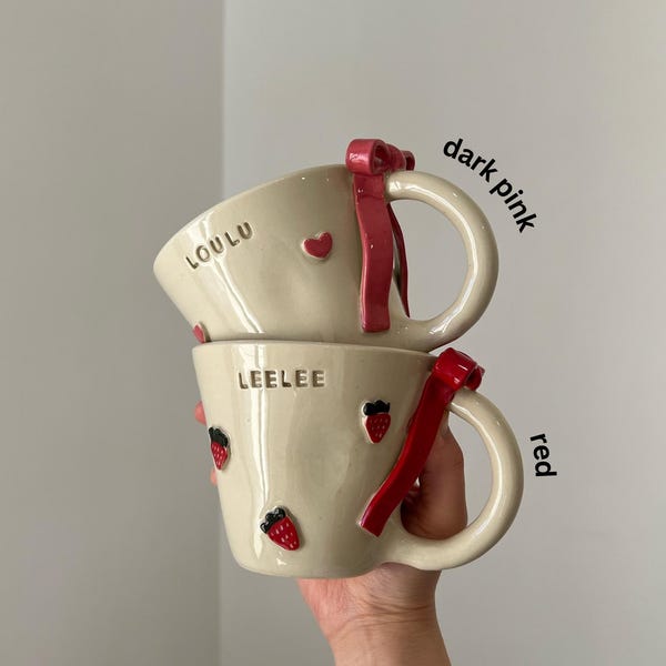 Custom Pottery Mug, Handmade Bow Cup, Personalized Text Gift, gifts for her, custom cup