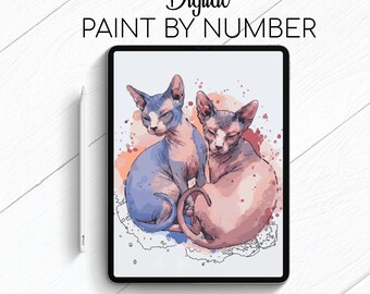 Two Sphynx Cats - Cat - Paint By Number for Procreate - Color By Numbers Digital Kit - Brain Yoga