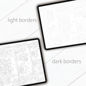 Puede incluir: Dos tabletas digitales que muestran dise&ntilde;os de pintar por n&uacute;meros. Una tableta muestra una ilustraci&oacute;n detallada con una tetera y plantas, la otra un lienzo en blanco con secciones numeradas. Texto: "light borders" y "dark borders".