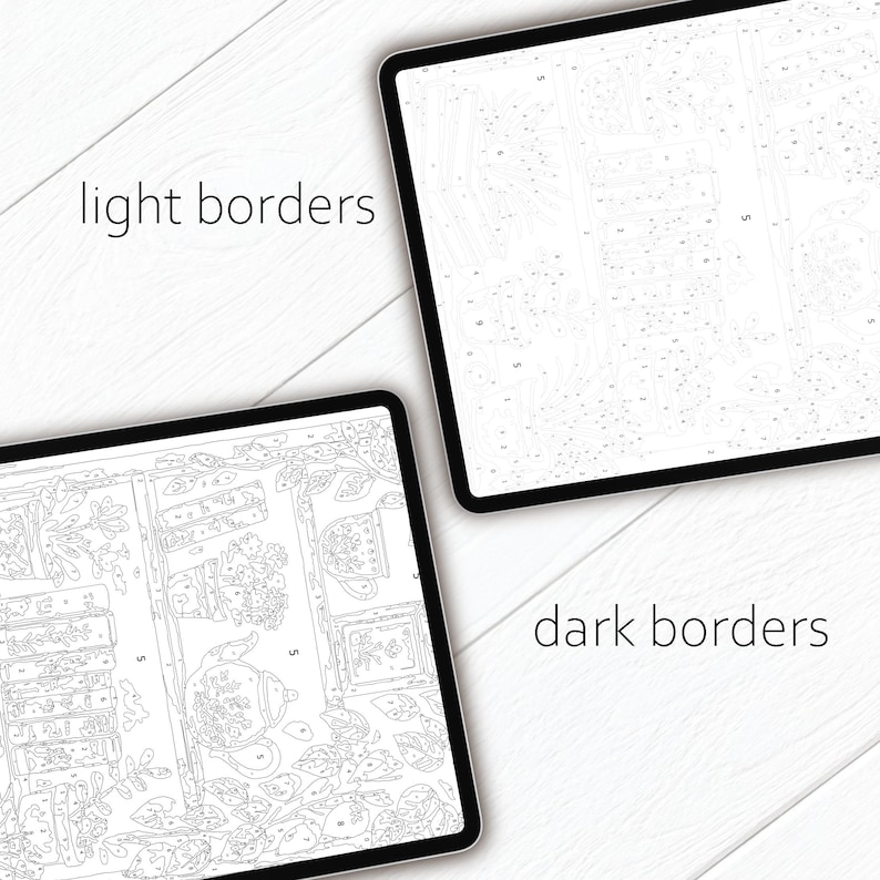 Puede incluir: Dos tabletas digitales que muestran dise&ntilde;os de pintar por n&uacute;meros. Una tableta muestra una ilustraci&oacute;n detallada con una tetera y plantas, la otra un lienzo en blanco con secciones numeradas. Texto: "light borders" y "dark borders".