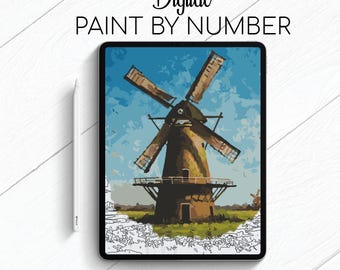 Old WInd Mill - Landscape - Paint By Number for Procreate - Color By Numbers Digital Kit - Brain Yoga