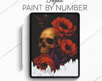 Skull and Flowers - Paint By Number for Procreate - Color By Numbers Digital Kit - Brain Yoga