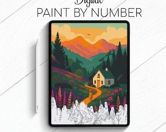 Fairy Tale Forest Cabin Road - Landschaft - Malen nach Zahlen für Procreate - Color by Numbers Digital Kit - Gehirn Yoga