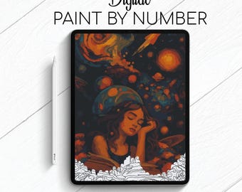 Sueño de ratón de biblioteca - Amante de los libros - Pintura por números para Procreate - Kit digital para colorear por números - Yoga cerebral