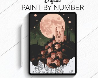 Vollmond über der Stadt - Landschaft - Malen nach Zahlen für Procreate - Malen nach Zahlen Digital Kit - Gehirn Yoga