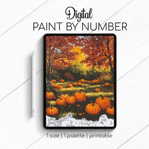 May include: Digital paint by number image on a tablet. The artwork depicts a pumpkin patch in a fall landscape with orange pumpkins and trees with red and orange leaves. The text "Digital Paint By Number" is at the top.