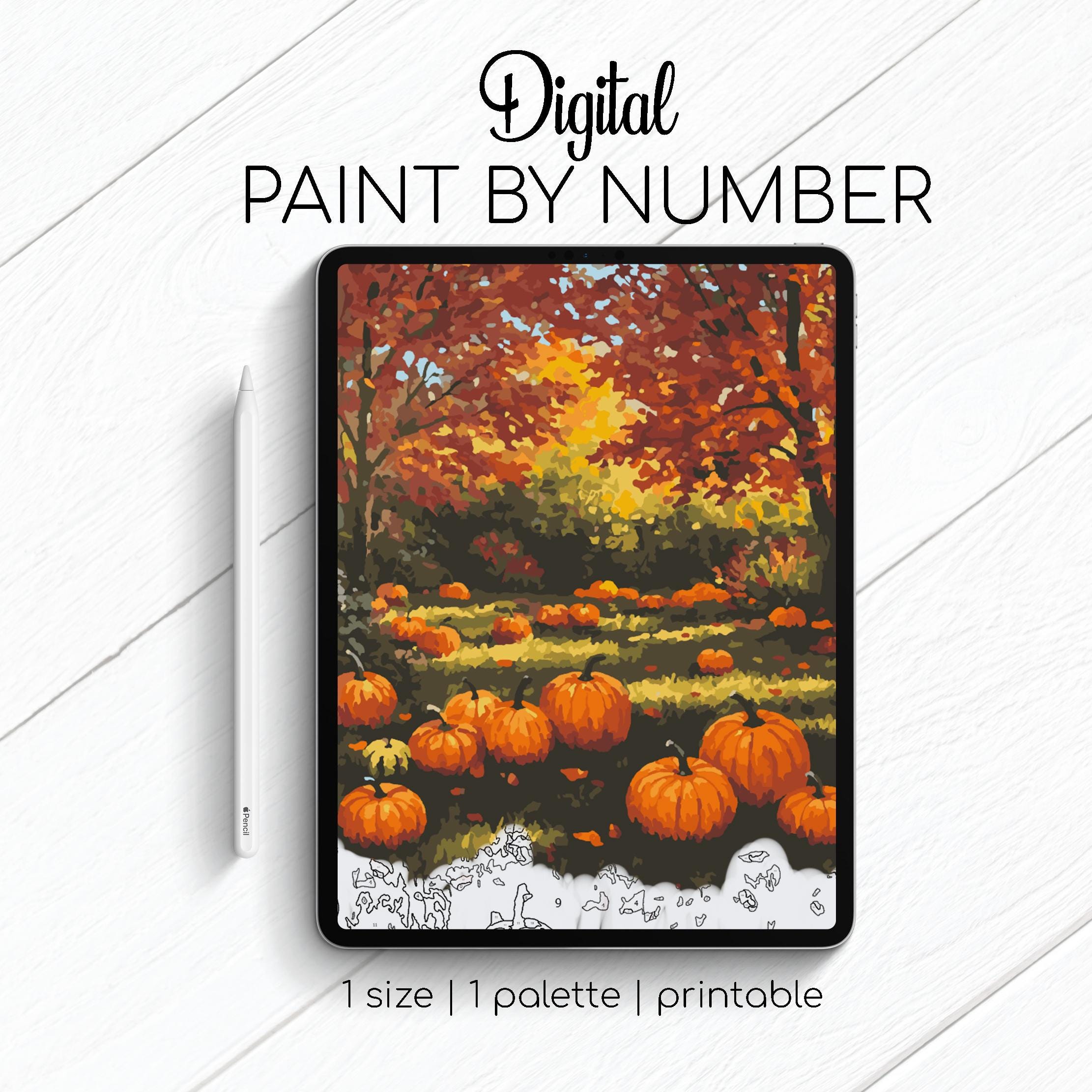 Escena de calabazas de otoño para Procreate: kit digital de pintar por números, relajación tipo yoga mental