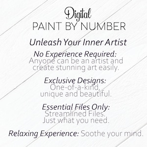 Puede incluir: Kit de arte digital Paint by Number con texto: Libera a tu artista interior, No se requiere experiencia, Dise&ntilde;os exclusivos, Solo archivos esenciales, Experiencia relajante. Texto sobre fondo blanco.