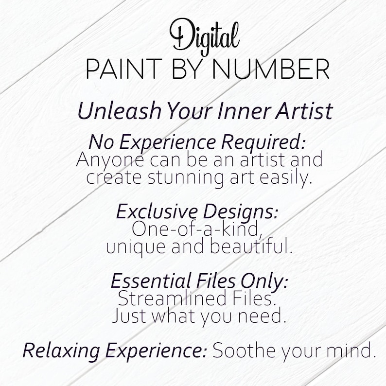 Puede incluir: Kit de arte digital Paint by Number con texto: Libera a tu artista interior, No se requiere experiencia, Dise&ntilde;os exclusivos, Solo archivos esenciales, Experiencia relajante. Texto sobre fondo blanco.