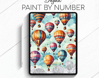 Colorful Aerostats - Fantasy Landscape - Paint By Number for Procreate - Color By Numbers Digital Kit - Brain Yoga
