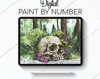 Skull and Forest Herbs - Gothic - Paint By Number for Procreate - Color By Numbers Digital Kit - Brain Yoga
