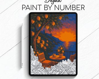 May include: Digital paint by number art displayed on a tablet. The artwork depicts a sunset over the sea with a tree laden with lemons, a table, and chairs. The text "Digital Paint By Number" is at the top.