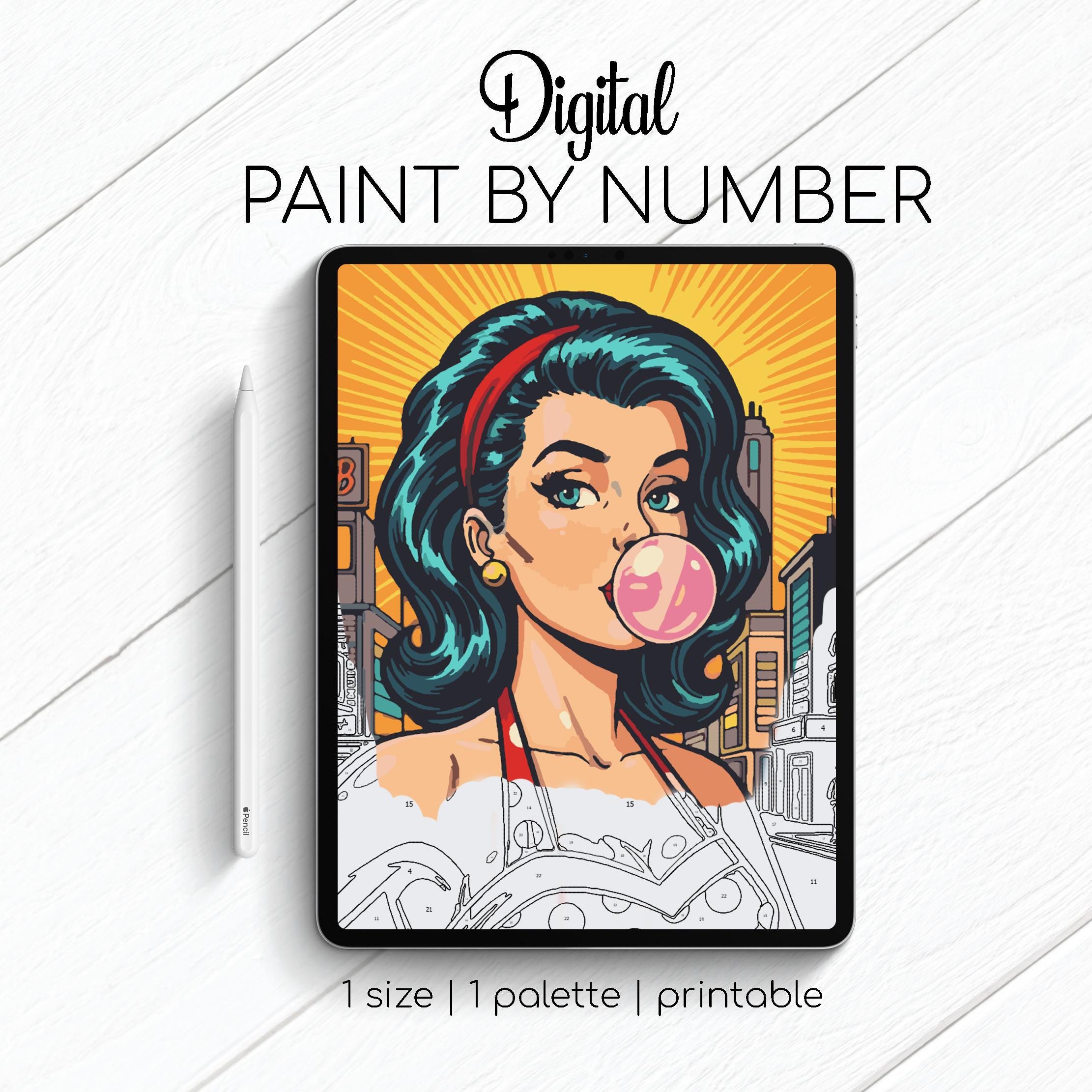 Kit Retro Cómic Betty and Bubble Gum de Pintar por Números para Procreate, Fresco y Sketchbook