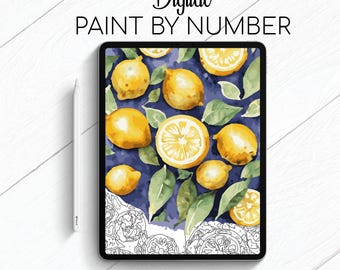 May include: Digital paint by number image of lemons on a blue background. The image is on a tablet screen with a stylus next to it. The text "Digital Paint By Number" is at the top of the image.