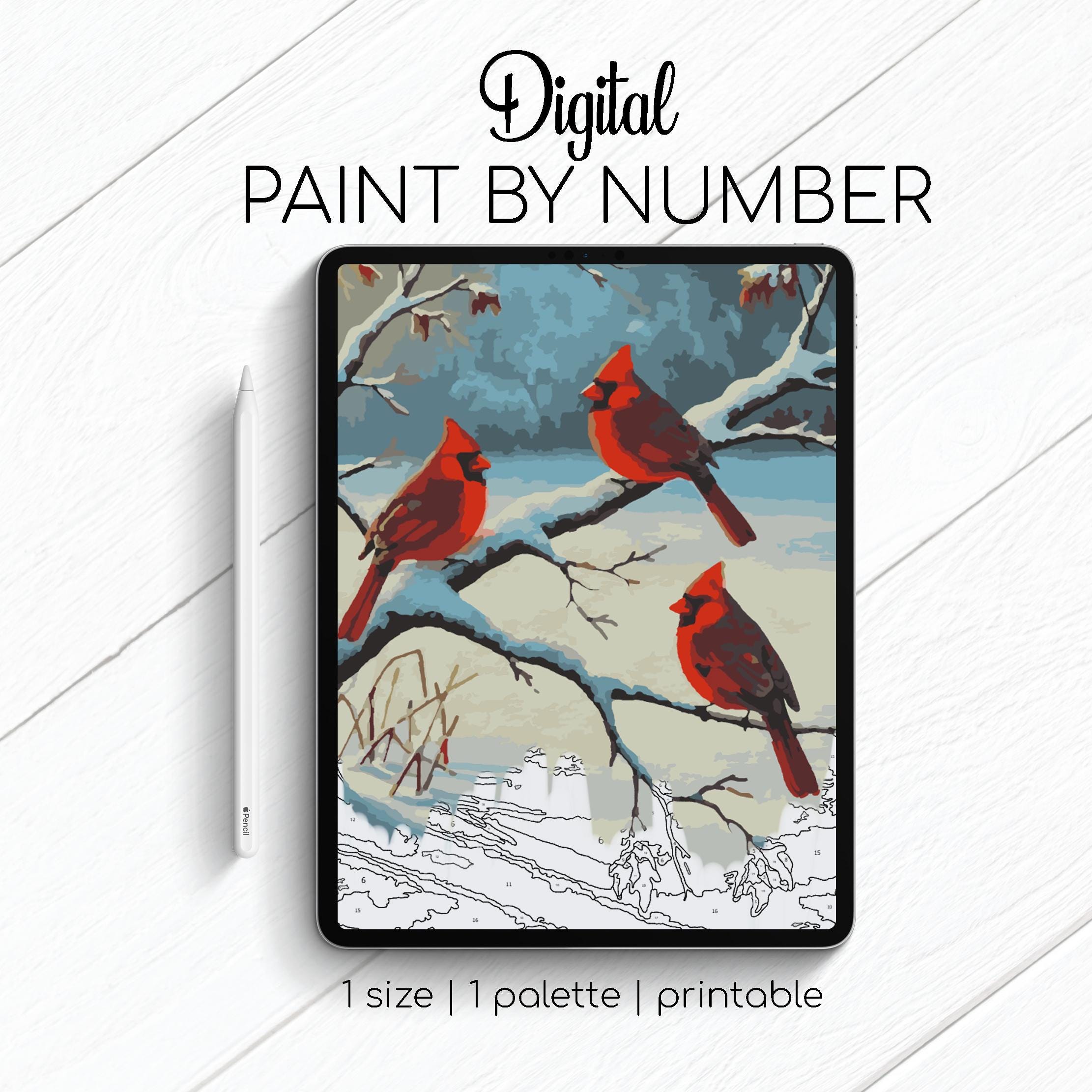 Cardenales en la nieve para colorear por números en Procreate – Kit de arte digital Color-by-Number