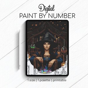 May include: Digital paint by number image featuring a witch with a black hat and blue dress. The image is displayed on a tablet with the text "Digital Paint by Number". The image includes colorful potion bottles and candles.