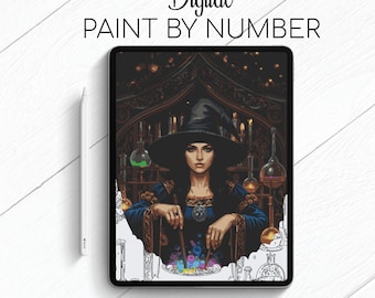 La bruja y la poción - Pintar por números para Procreate - Kit digital para colorear por números - Yoga cerebral