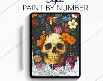 Skull and Flowers - Paint By Number for Procreate - Color By Numbers Digital Kit - Brain Yoga