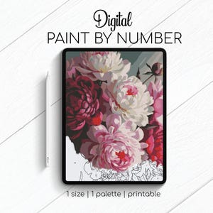 May include: A digital paint-by-number kit featuring a floral design of peonies in shades of pink, white, and burgundy. The image is displayed on a tablet with a white stylus next to it. Text on the image reads "Digital Paint By Number" and "1 size | 1 palette | printable."