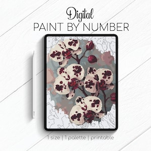 May include: Digital paint by number kit featuring a floral design of white and burgundy orchids on a tablet. The tablet is on a white wooden surface. The text "Digital Paint By Number" is at the top. A white stylus is on the left.