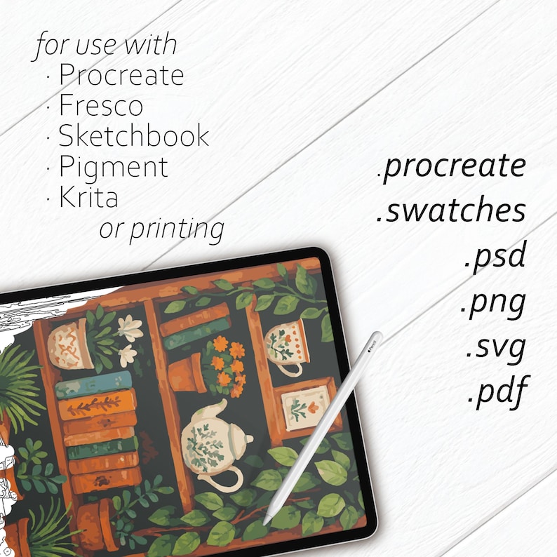 Puede incluir: Ilustraci&oacute;n de arte digital en una tableta, con un dise&ntilde;o de estanter&iacute;a con libros, plantas y una tetera. El texto "for use with Procreate, Fresco, Sketchbook, Pigment, Krita or printing" y opciones de archivo: .procreate, .swatches, .psd, .png, .svg, .pdf.