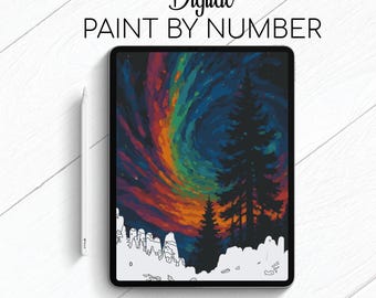 Könnte beinhalten: Digitales Malen-nach-Zahlen-Set auf einem Tablet. Das Kunstwerk zeigt ein farbenfrohes Nordlicht, das sich über silhouettierten Kiefern dreht. Der Text auf dem Bild lautet "Digital Paint by Number" und "1 size | 1 palette | printable."