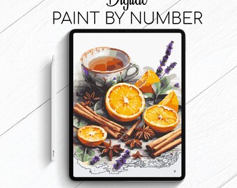 Tea with Cinnamon and Oranges - Still-Life - Paint By Number for Procreate - Color By Numbers Digital Kit - Brain Yoga
