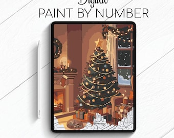 May include: Digital paint by number image on a tablet. The image depicts a cozy Christmas scene with a decorated tree, fireplace, and gifts. The text "Digital Paint by Number" is at the top. The bottom text reads "1 size | 1 palette | printable".