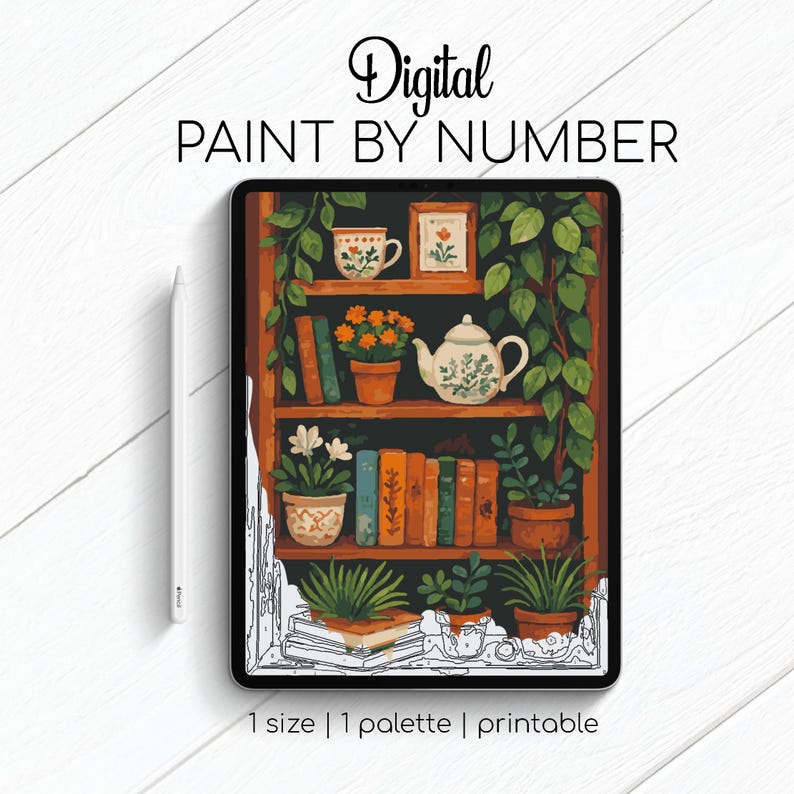 Puede incluir: Arte digital de pintar por n&uacute;meros en una tableta, con una escena de estanter&iacute;a acogedora. La imagen incluye una tetera, libros, plantas y el texto "Digital Paint by Number". El arte est&aacute; disponible en un tama&ntilde;o, una paleta e imprimible.