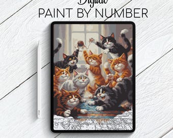 Cats Play - Cat - Paint By Number for Procreate - Color By Numbers Digital Kit - Brain Yoga