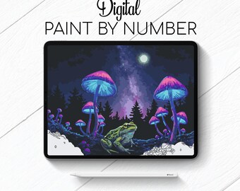 Glowing Mushrooms and a Frog - Paint By Number for Procreate - Color By Numbers Digital Kit - Brain Yoga